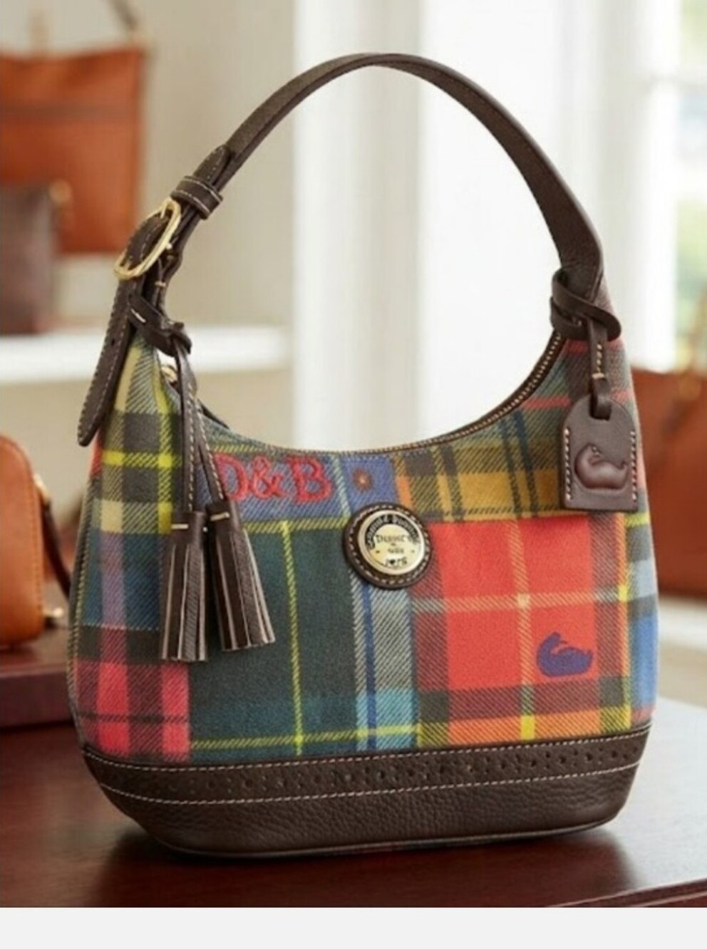 Dooney & Bourke Multicolor Plaid Shoulder Hobo with Brown Leather Trim